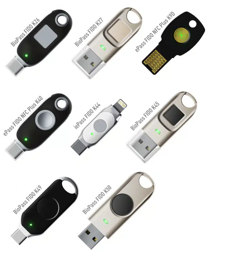 FIDO2 + FIDO U2F Keys, USB-A, USB-C, Biometric Fingerprint, Multiple Interfaces, NFC, BLE Bluetooth, Apple iOS, PIV, Multipass Fido Series of Security Key Products