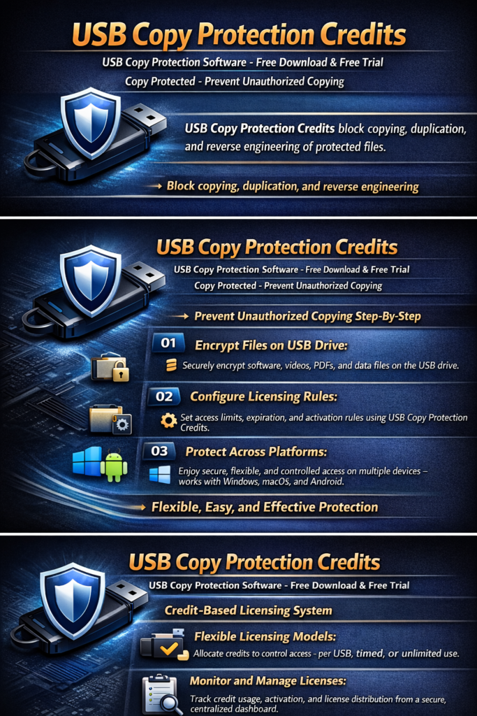USB Copy Protection Credits block copying, duplication, and reverse engineering of protected files.