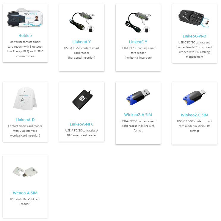 Card readers for Contact/contactless smart card readers (RFID/NFC) USB Micro-SIM card reader