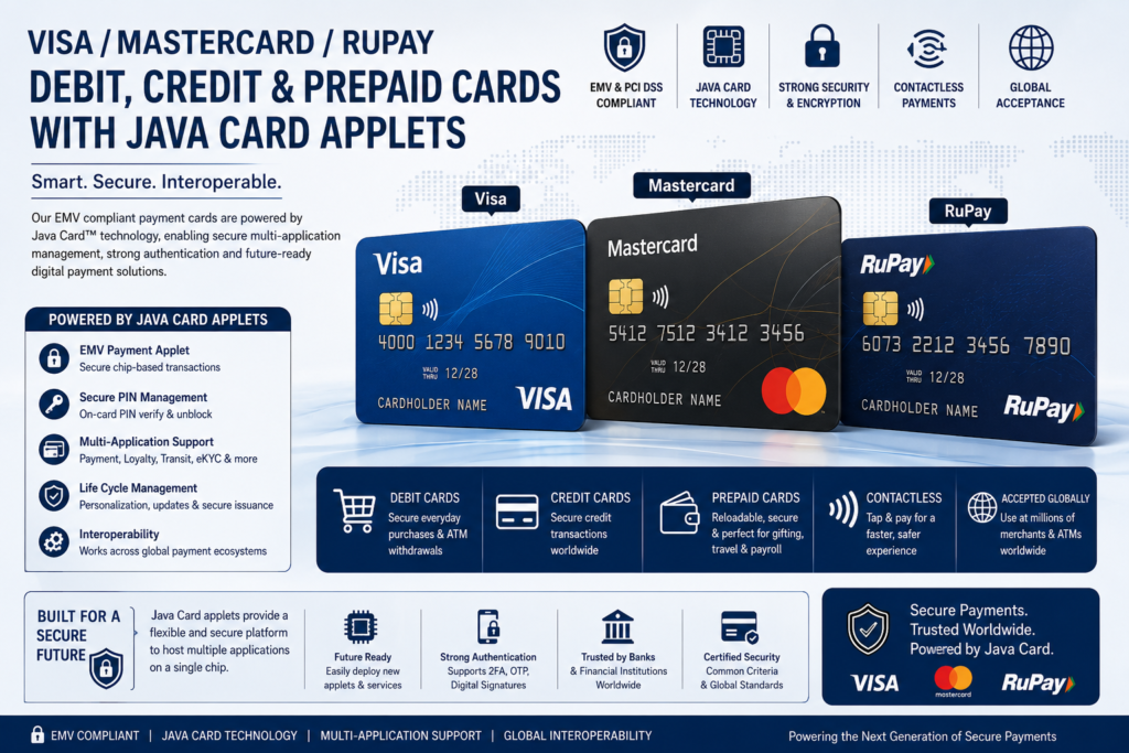 EMV Java Cards provides Visa/Mastercard/RuPay debit, credit, prepaid cards with Java Card applets.