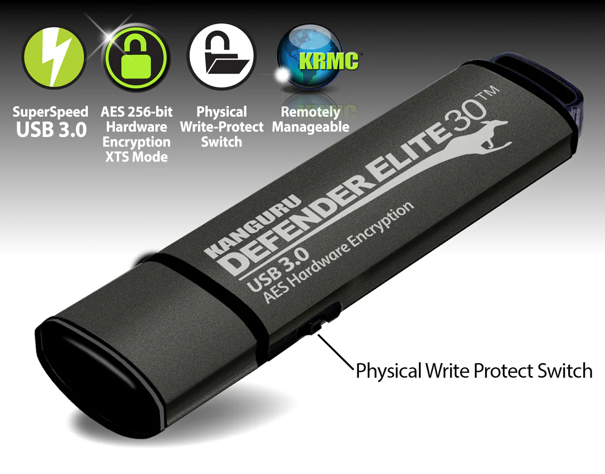 Kanguru Defender Elite30™ USB 3.0 Hardware Encrypted Flash Drive with Physical Write Protect Switch Kanguru Defender Elite30™ USB 3.0 Hardware Encrypted Flash Drive with Physical Write Protect Switch