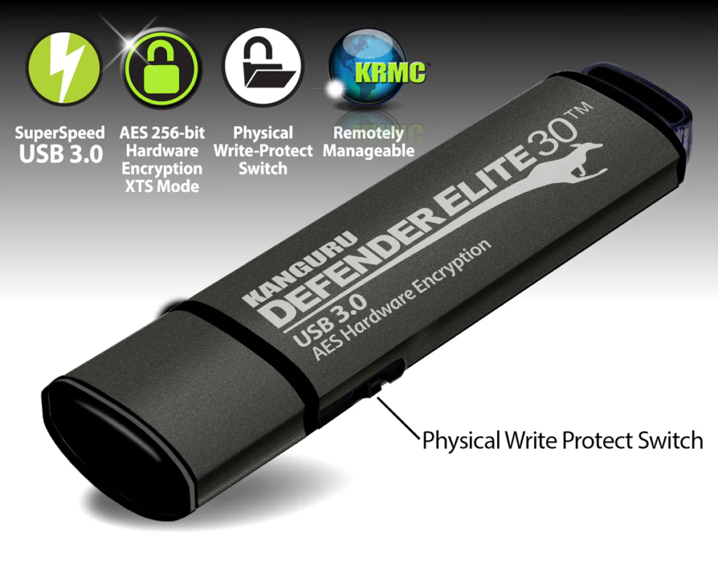 Defender Secure Flash Drives 4 Kanguru Defender Elite30™ USB 3.0 Hardware Encrypted Flash Drive with Physical Write Protect Switch